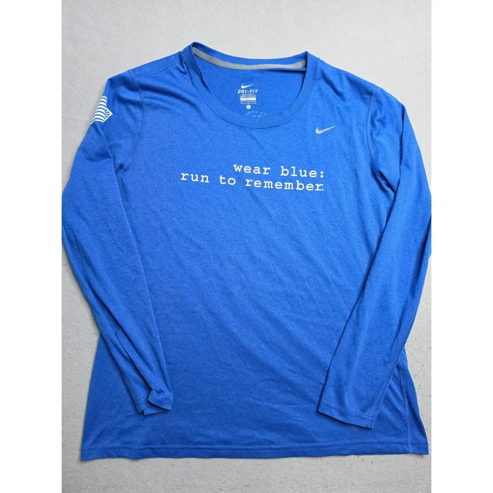 Nike Dri-Fit Shirt Womens Large Wear Blue: Run To Remember Graphic Performance